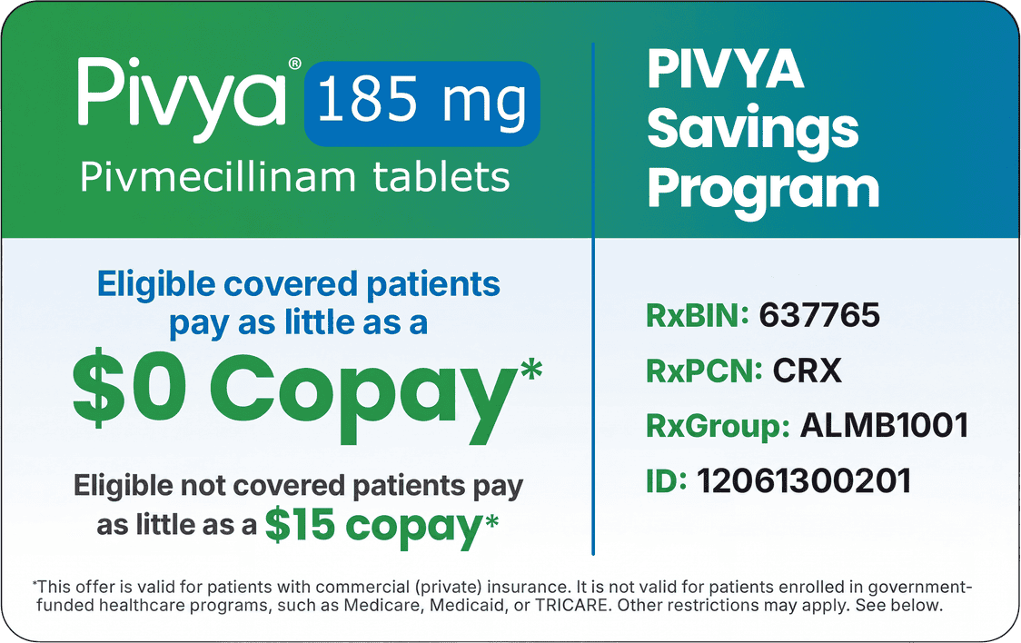 PIVYA Savings Program: eligible covered patients may pay as little as $0; eligible not-covered patients may pay as little as $15. RxBIN 637765, RxPCN CRX, RxGroup ALMB1001, ID 12061300201.