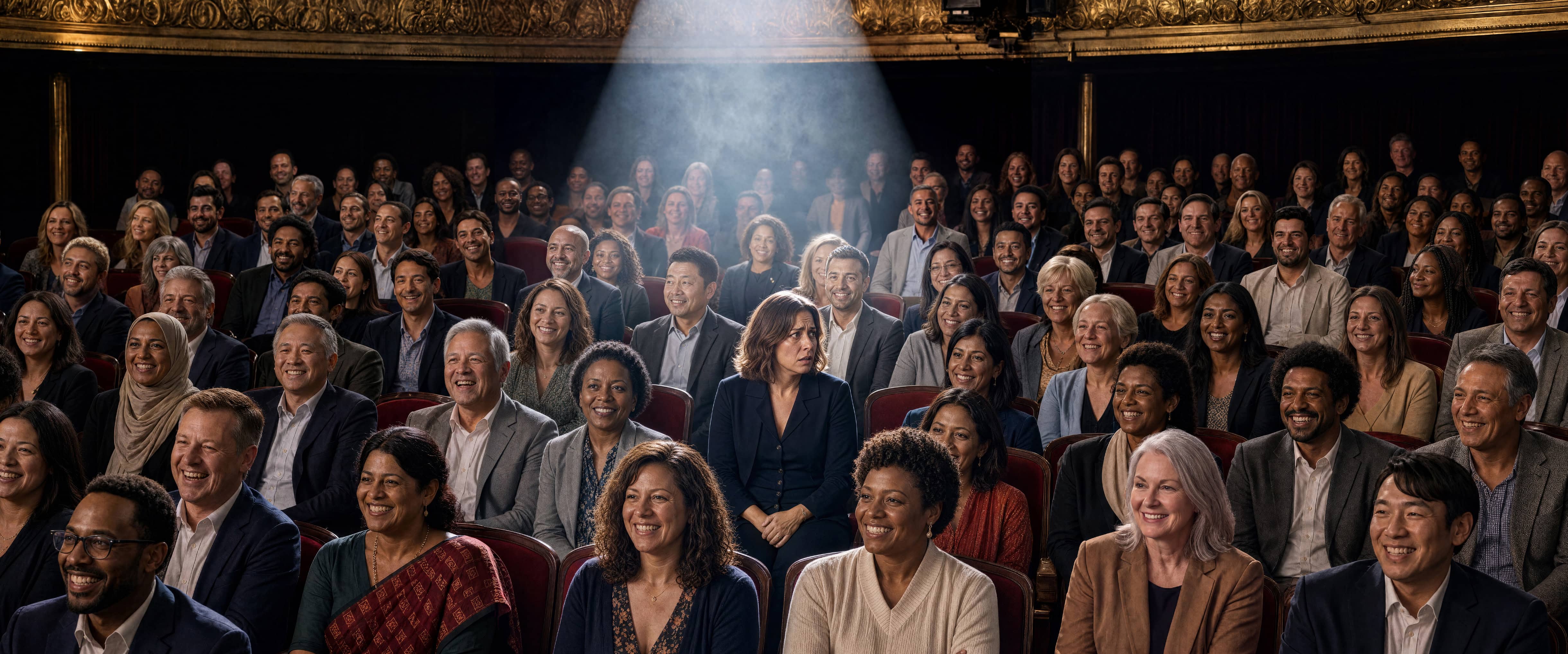 A spotlight shines over a theater audience while one woman looks preoccupied