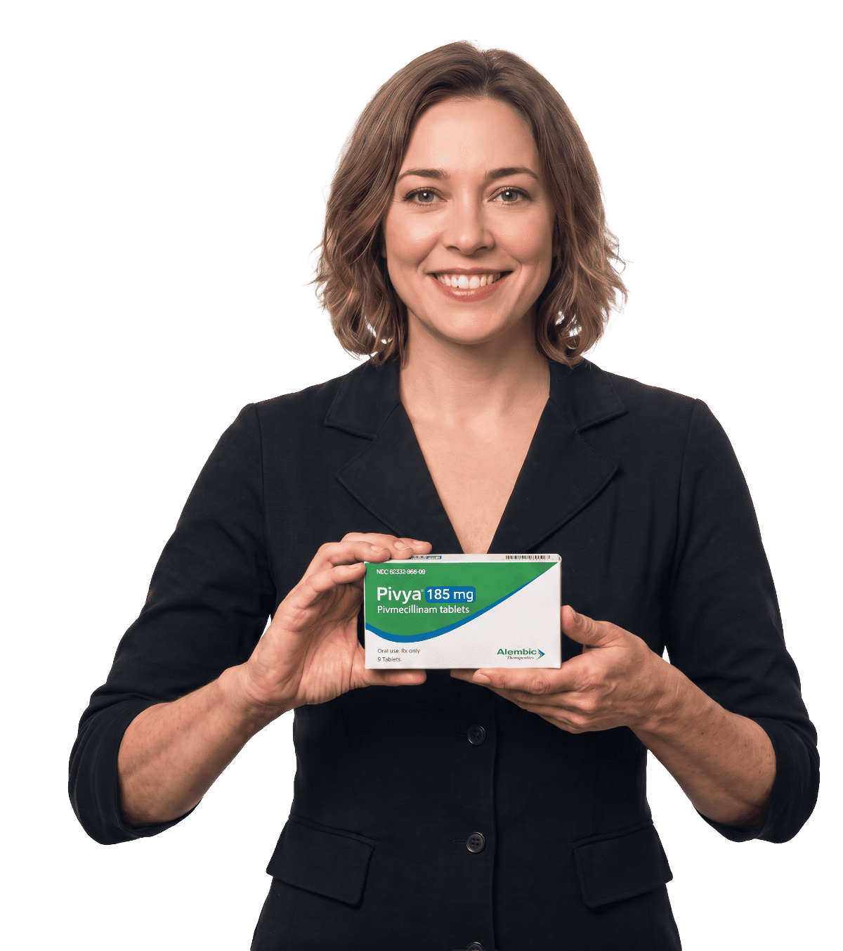 Woman holding PIVYA (pivmecillinam) 185 mg tablets
